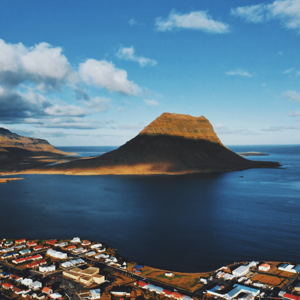 Events Guys An aerial view of a small town in Iceland, showcasing its picturesque beauty and charm.