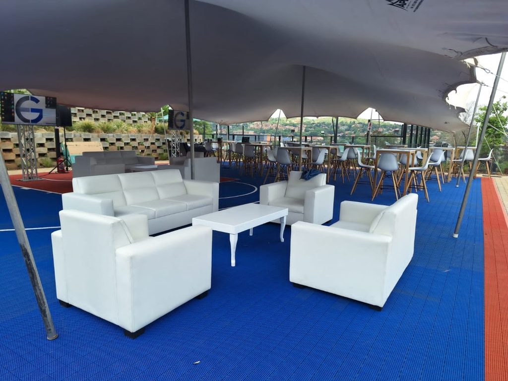 Discover My Favourite Glass Coffee Tables in South Africa 3 Events Guys A large tent with white couches, glass coffee tables.