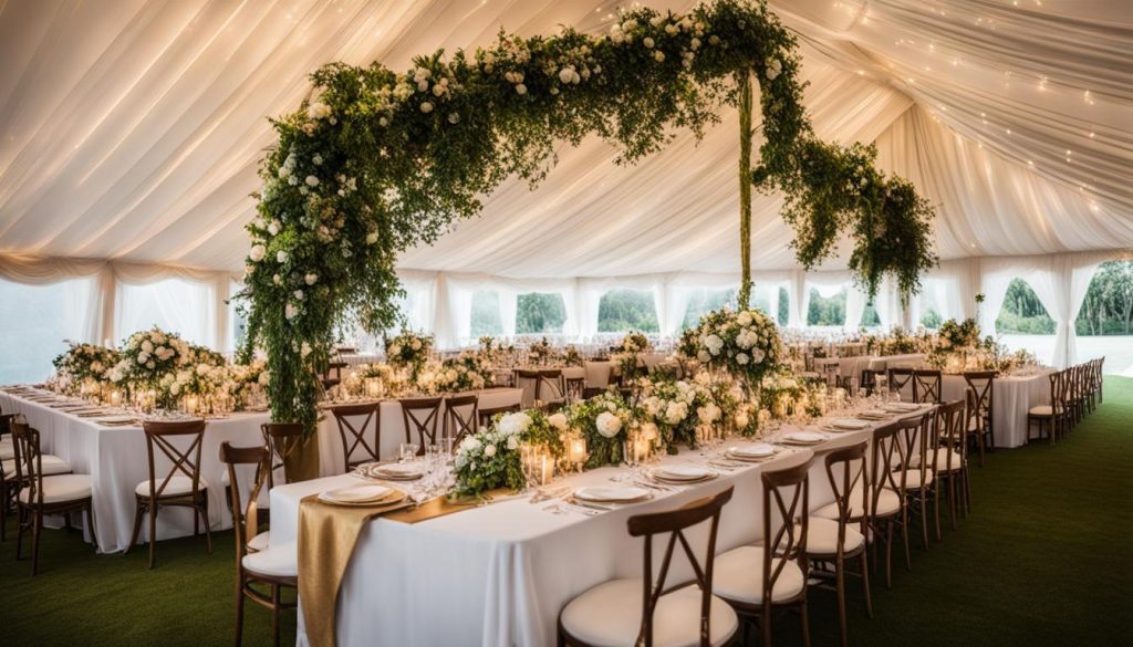 Events Guys A marquee wedding reception under a tent features long tables with white tablecloths, elegant floral arrangements, and string lights hanging from the ceiling, creating a magical ambiance perfect for your special day.