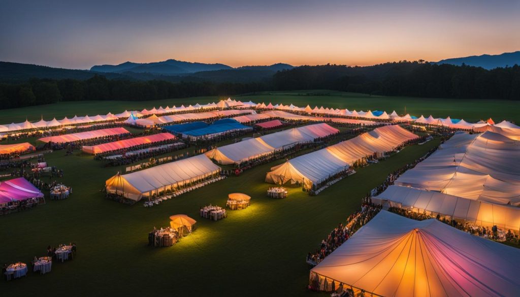 Events Guys An aerial view of tents for hire in a field at dusk.