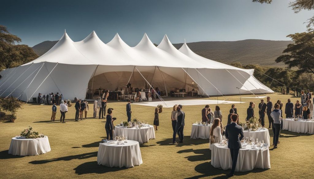 Events Guys A large white tent available for hire, set up with tables and chairs in the grass.