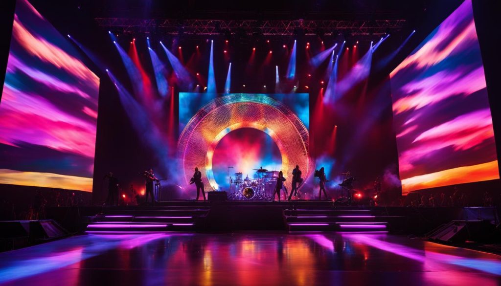 Events Guys A stage with vibrant lighting and a large screen.