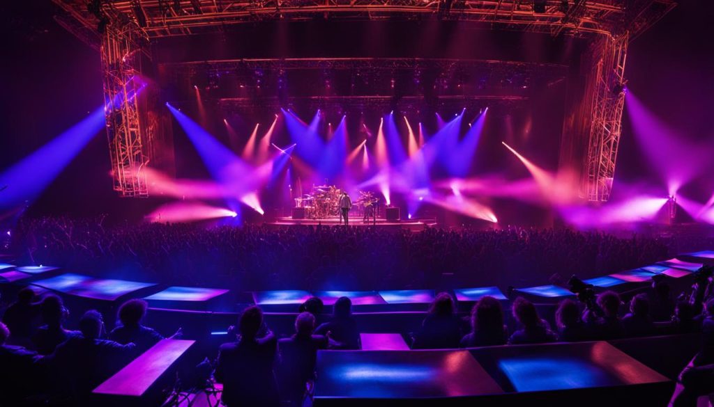 Events Guys The staging at a concert with purple and blue lighting.