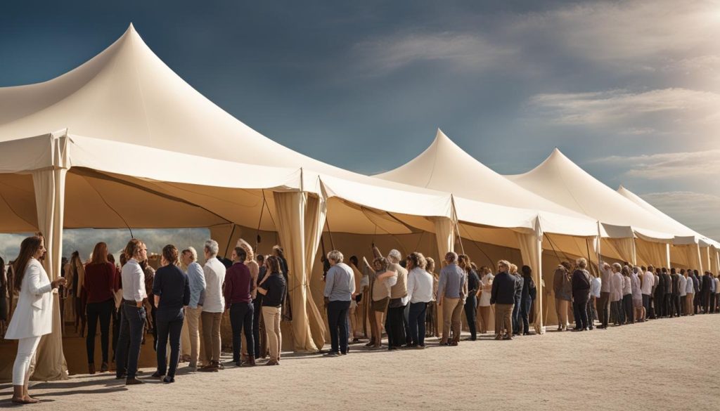 Events Guys A long line of people stands outside a spacious stretch tent, hired for the event, under a clear sky.