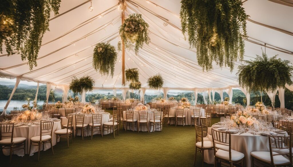 The Ultimate Guide to Event Tent Hiring for Your Next Special Occasion 2 Events Guys A wedding reception set up in a tent with greenery hanging from the ceiling.