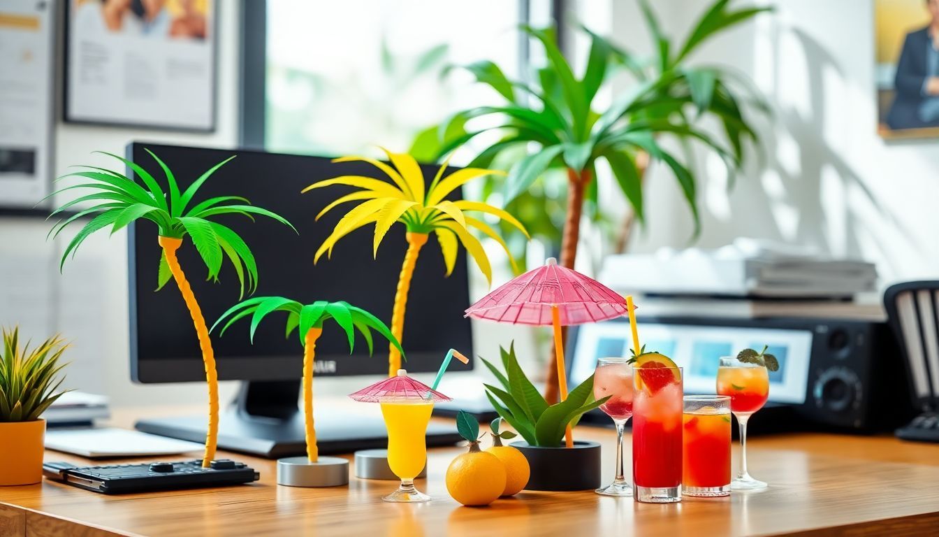 A desk decorated with tropical-themed items, creating a fun and inviting atmosphere.