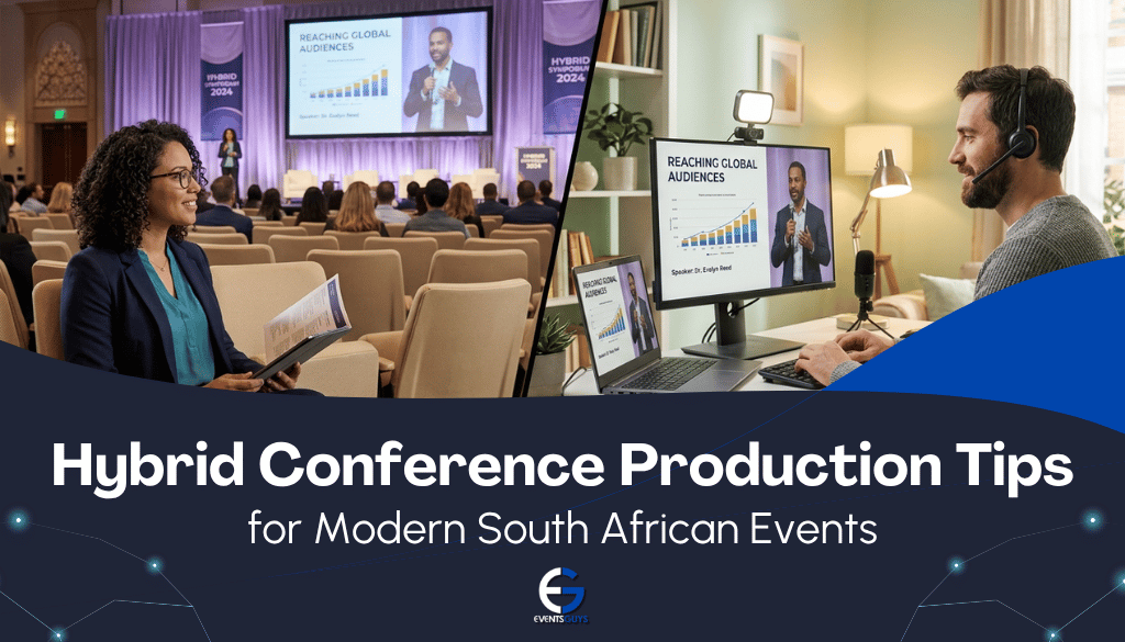 Hybrid Conference Production Tips for Modern South African Events 2 Events Guys A conference audience watches a speaker on stage and screen, while a man participates remotely via computer, highlighting hybrid event production.