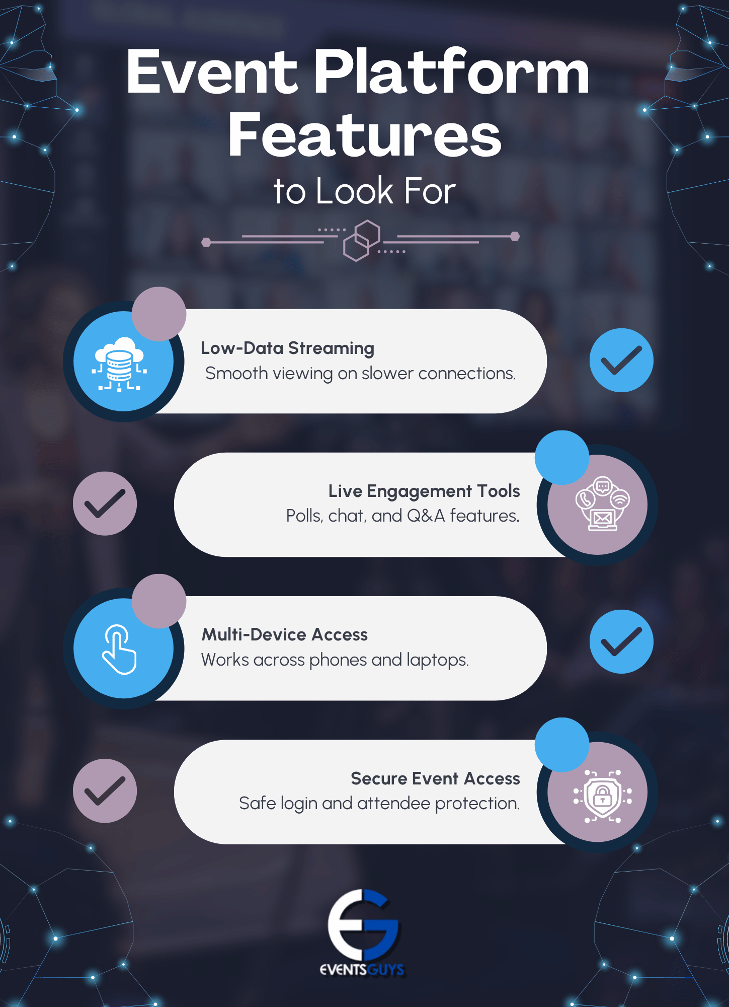 Hybrid Conference Production Tips for Modern South African Events 3 Events Guys Infographic listing event platform features: low-data streaming, live engagement tools, multi-device access, and secure event access, with icons for each feature and Events Guys branding.